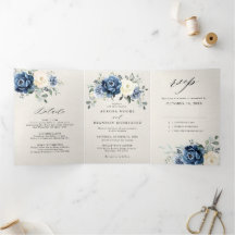 Dusty Blue Navy Champagne Ivory Floral Tri-Fold A