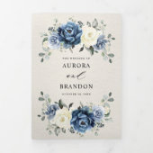 Dusty Blue Navy Champagne Ivory Floral Tri-Fold A Dreifach Gefaltete Ankündigung (Cover)