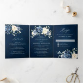 Dusty Blue Navy Champagne Ivory Floral Tri-Fold Dreifach Gefaltete Ankündigung (Innenseite)