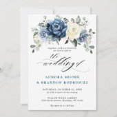 Dusty Blue Navy Champagne Ivory Floral Wedding Inv Einladung (Vorderseite)