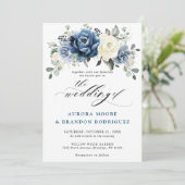 Dusty Blue Navy Champagne Ivory Floral Wedding Inv Einladung (Stehend Vorderseite)