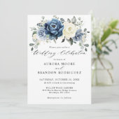 Dusty Blue Navy Champagne Ivory Floral Wedding Inv Einladung (Stehend Vorderseite)