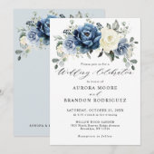 Dusty Blue Navy Champagne Ivory Floral Wedding Inv Einladung (Vorne/Hinten)