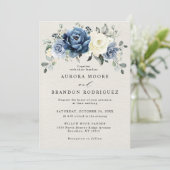 Dusty Blue Navy Champagne Ivory Floral Wedding Inv Einladung (Stehend Vorderseite)