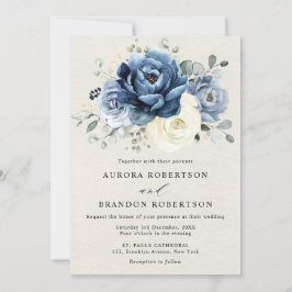 Dusty Blue Navy Champagne Ivory Floral Wedding Inv Einladung