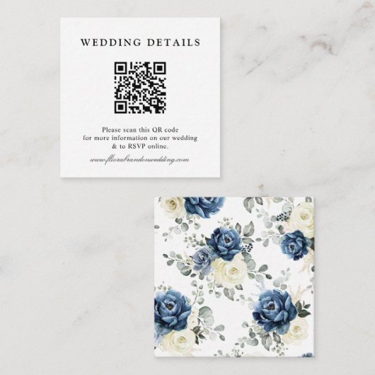 Dusty Blue Navy Champagne Ivory Floral Wedding QR Begleitkarte (Vorne/Hinten)