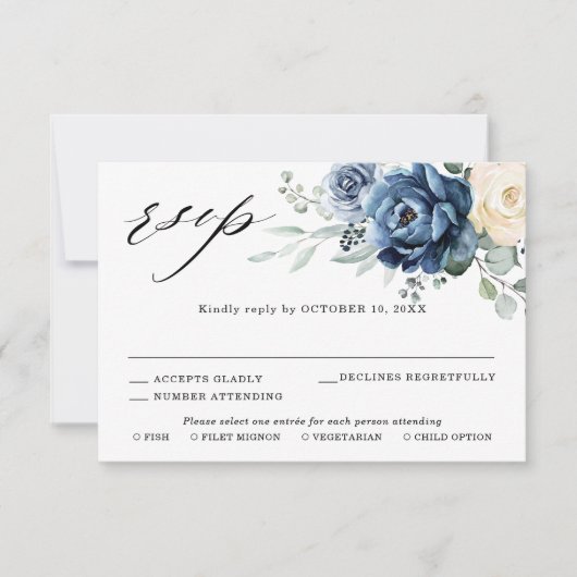Dusty Blue Navy Champagne Ivory Floral Wedding RSV RSVP Karte (Vorderseite)