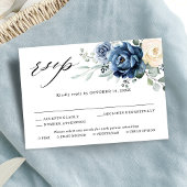 Dusty Blue Navy Champagne Ivory Floral Wedding RSV RSVP Karte