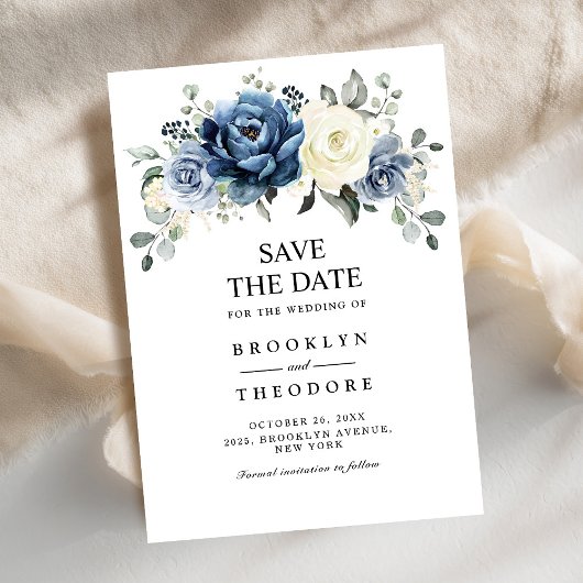 Dusty Blue Navy Champagne Ivory Floral Wedding Sav Save The Date