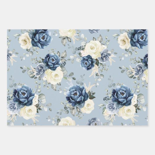 Dusty Blue Navy Champagne Ivory Floral Wedding Wra Geschenkpapier Set (Vorderseite 3)
