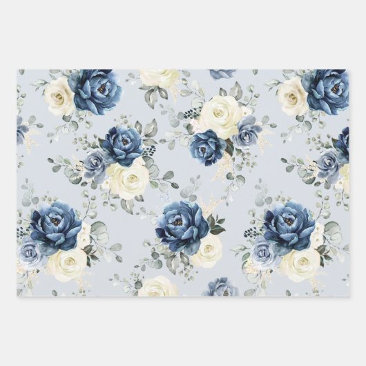 Dusty Blue Navy Champagne Ivory Floral Wedding Wra Geschenkpapier Set (Vorderseite 2)