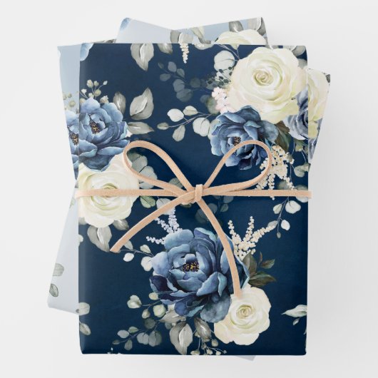 Dusty Blue Navy Champagne Ivory Floral Wedding Wra Geschenkpapier Set (Beispiel)