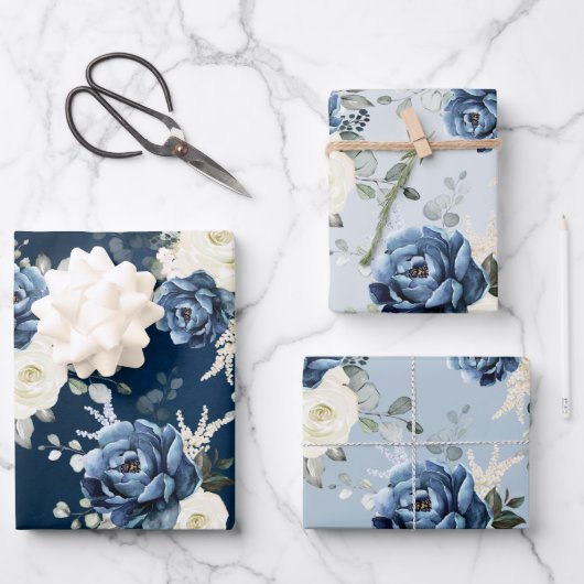 Dusty Blue Navy Champagne Ivory Floral Wedding Wra Geschenkpapier Set (Vorderseite)