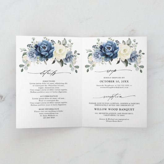 Dusty Blue Navy Champagne Ivory Folded Wedding Einladung (Innenseite)