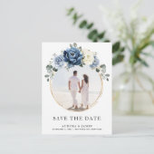 Dusty Blue Navy Champagne Ivory Save the Date Ankündigungspostkarte (Stehend Vorderseite)