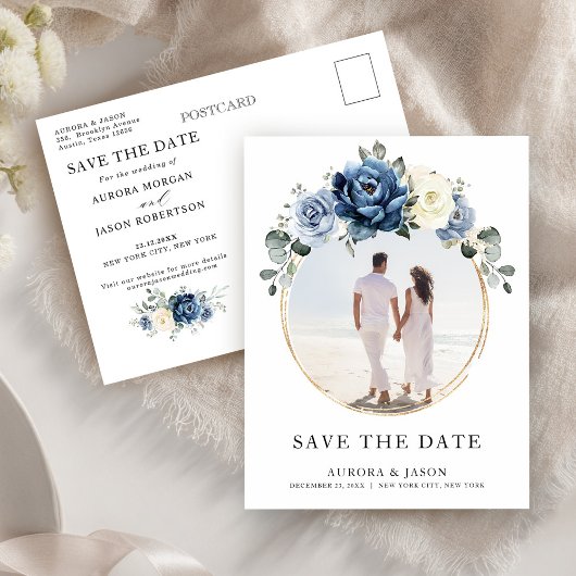 Dusty Blue Navy Champagne Ivory Save the Date Ankündigungspostkarte