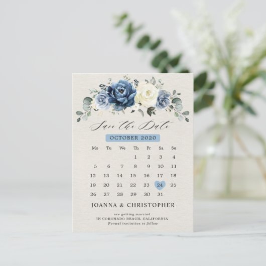 Dusty Blue Navy Champagne Ivory Save the Date Post Postkarte (Stehend Vorderseite)