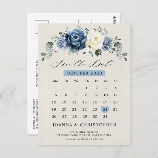 Dusty Blue Navy Champagne Ivory Save the Date Post Postkarte (Vorne/Hinten)