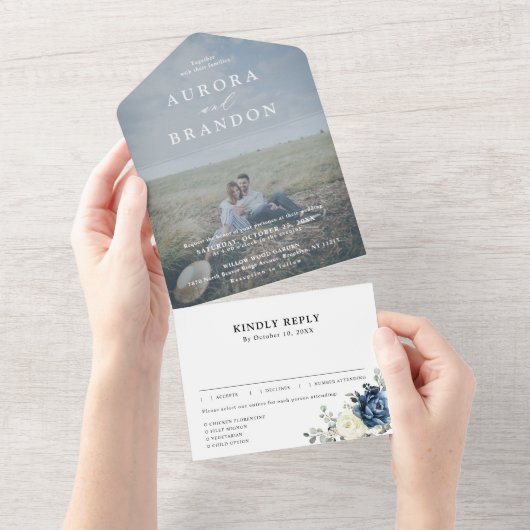 Dusty Blue Navy Champagne Ivory Wedding Foto All In One Einladung (Abreißen)