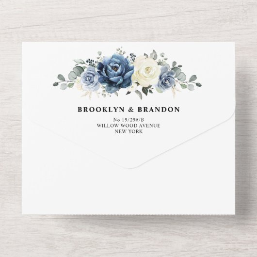 Dusty Blue Navy Champagne Ivory Wedding Foto All In One Einladung (Rückseite)