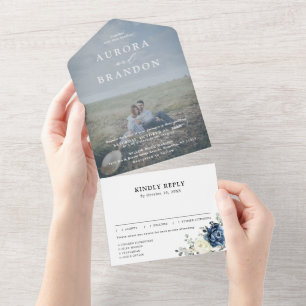 Dusty Blue Navy Champagne Ivory Wedding Foto All In One Einladung