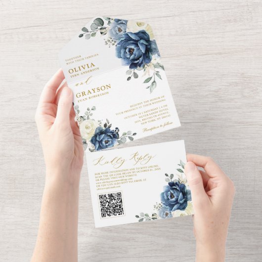 Dusty Blue Navy Champagne Ivory Wedding QR Code All In One Einladung (Abreißen)
