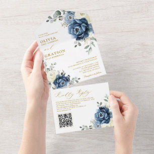 Dusty Blue Navy Champagne Ivory Wedding QR Code All In One Einladung