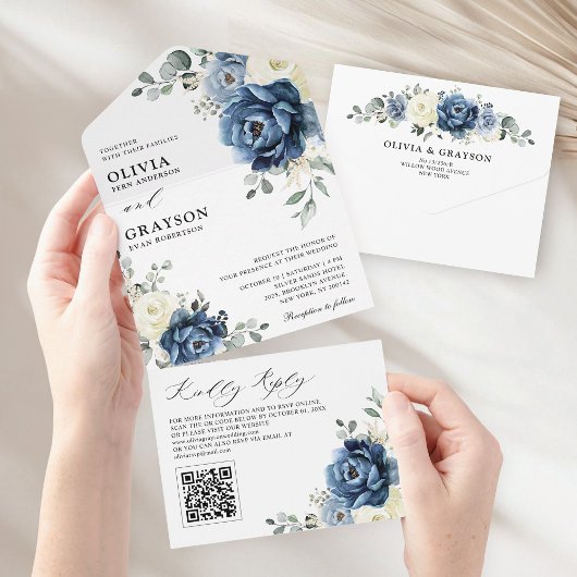 Dusty Blue Navy Champagne Ivory Wedding QR Code All In One Einladung