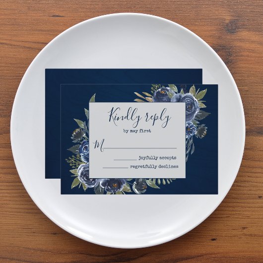 Dusty Blue Navy Champagne Ivory Wedding RSVP Karte