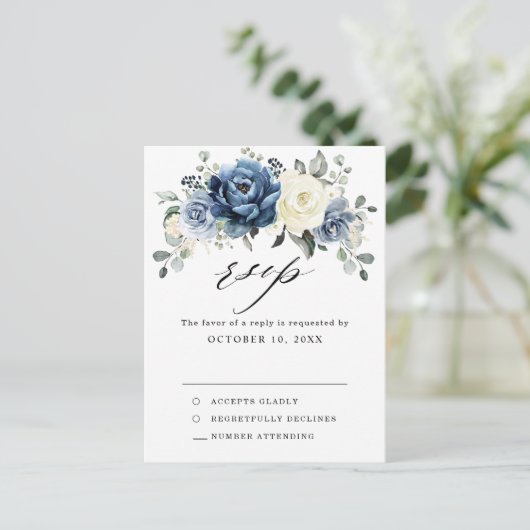 Dusty Blue Navy Champagne Ivory Wedding RSVP Postc Postkarte (Stehend Vorderseite)