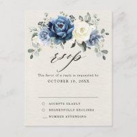 Dusty Blue Navy Champagne Ivory Wedding RSVP Postc