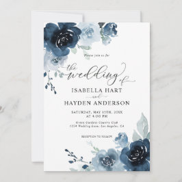 Dusty Blue Navy Dark Slate Floral Pastel Wedding Einladung