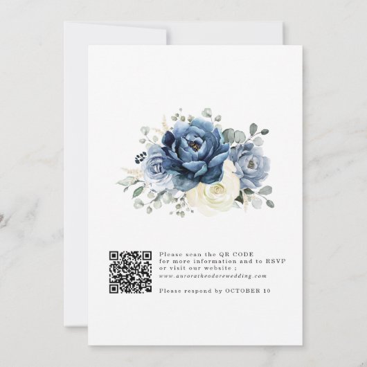 Dusty Blue Navy Elfenbein Boho Hochzeit QR-Code Einladung (Rückseite)
