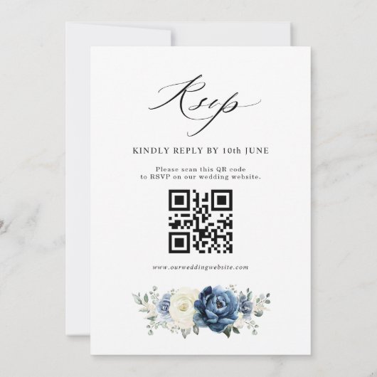 Dusty Blue Navy Elfenbein Boho Hochzeit QR-Code Einladung (Rückseite)