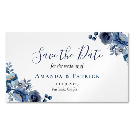 Dusty Blue Navy Elfenbeinblumenhochzeit rettet das Magnetische Visitenkarte (Vorderseite)