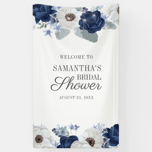 Dusty Blue Navy Floral Bloom Brautparty Banner (Vertikal)