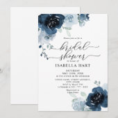 Dusty Blue Navy Floral Blume Boho Brautparty Einladung (Vorne/Hinten)