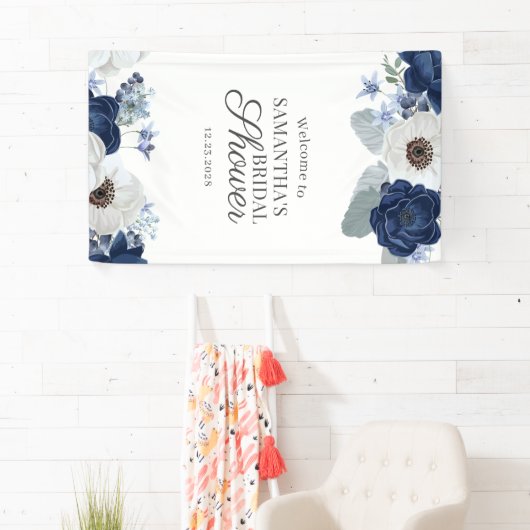 Dusty Blue Navy Floral Brautparty Script Banner (Insitu)