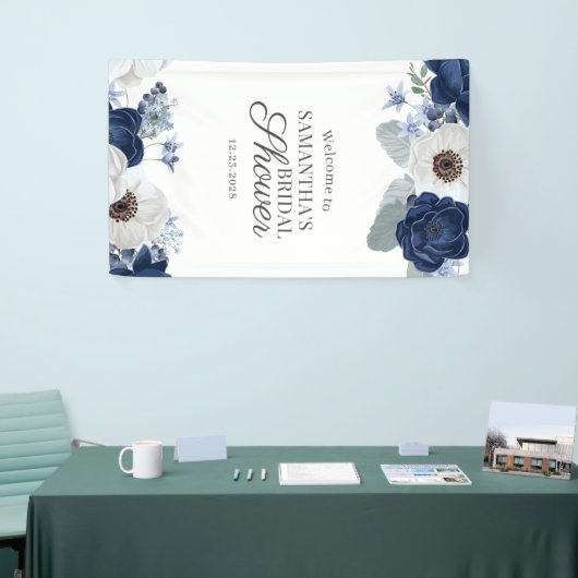 Dusty Blue Navy Floral Brautparty Script Banner (Messeveranstaltung)