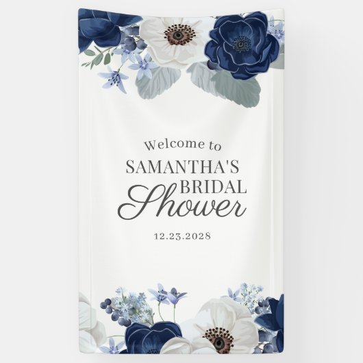 Dusty Blue Navy Floral Brautparty Script Banner (Vertikal)