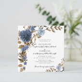 Dusty Blue Navy Floral Brown Foliage Hochzeit Einladung (Stehend Vorderseite)