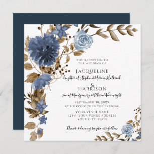 Dusty Blue Navy Floral Brown Foliage Hochzeit Einladung