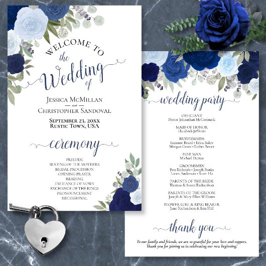 Dusty Blue & Navy Floral Budget Hochzeitsprogramm