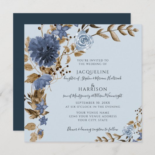 Dusty Blue Navy Floral Earth Tone Greenerity Weddi Einladung (Vorne/Hinten)