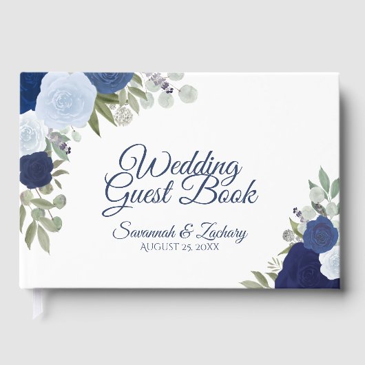 Dusty Blue & Navy Floral Elegant Boho Wedding Gästebuch (Vorderseite)