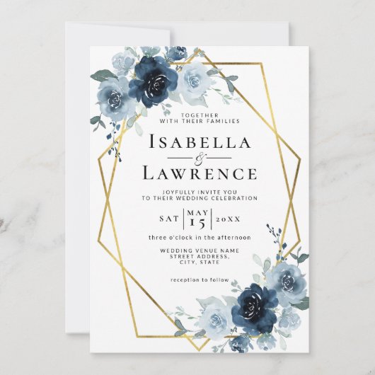Dusty Blue Navy Floral Gold Foil Pastel Wedding Einladung (Vorderseite)