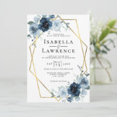 Dusty Blue Navy Floral Gold Foil Pastel Wedding Einladung (Stehend Vorderseite)