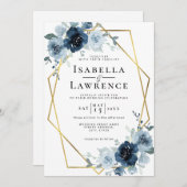 Dusty Blue Navy Floral Gold Foil Pastel Wedding Einladung (Vorne/Hinten)