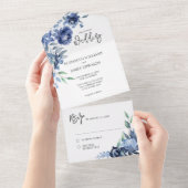 Dusty Blue Navy Floral Wedding All In One Einladung (Abreißen)