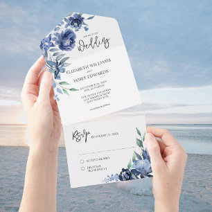 Dusty Blue Navy Floral Wedding All In One Einladung